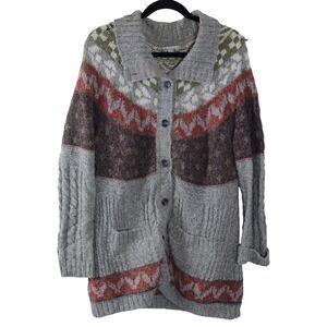 Royal Robbins Womens L Gray Fair Isle Wool Blend Button Front Cardigan Sweater